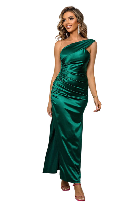 One-Shoulder Ruched Slit Maxi Dress-Slay Eclectic