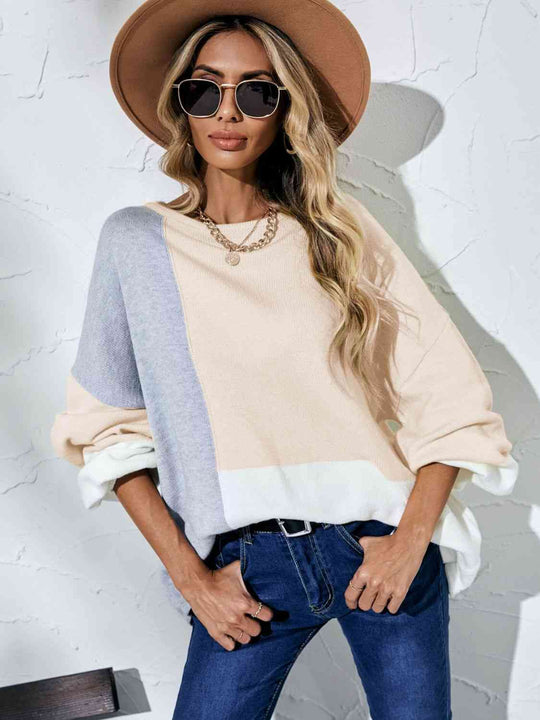 Color Block Boat Neck Balloon Sleeve Cozy Sweater