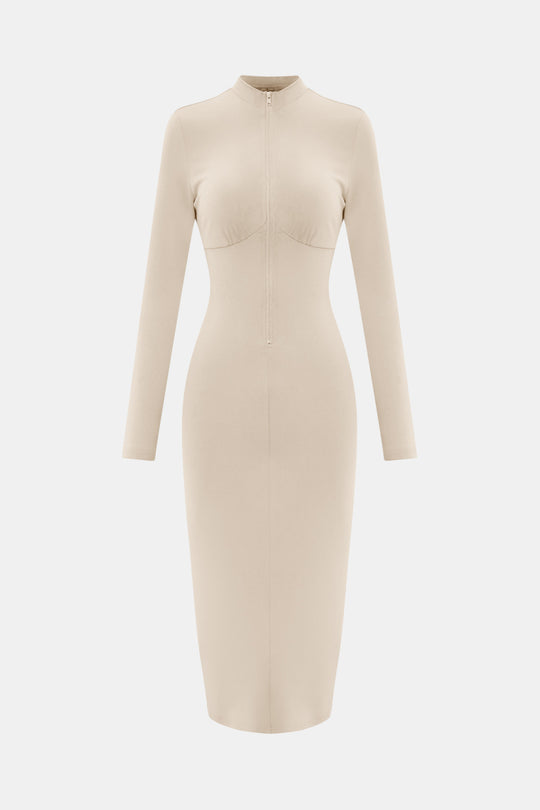 Pursuit Chic Bodycon Midi Dress - Beige