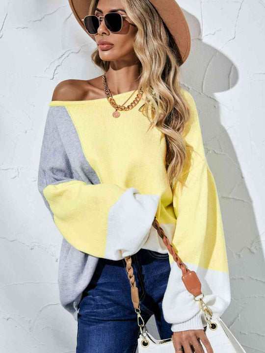 Color Block Boat Neck Balloon Sleeve Cozy Sweater