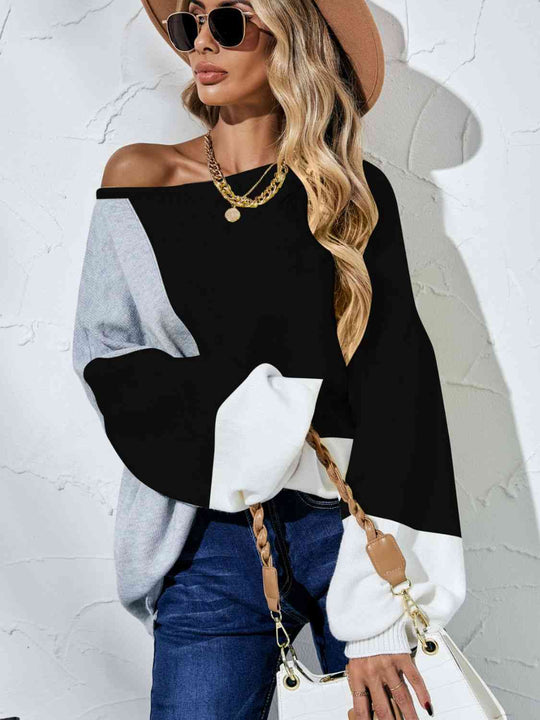 Color Block Boat Neck Balloon Sleeve Cozy Sweater