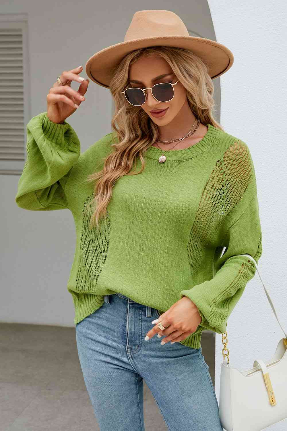 Openwork Round Neck Dropped Shoulder Knit Top