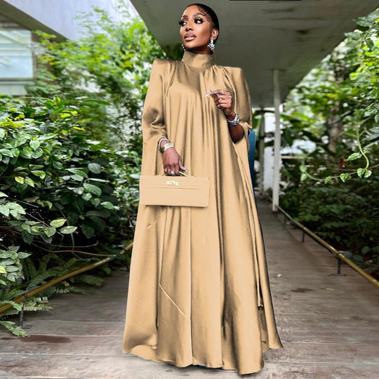 Women Wear High Collar Loose Large Swing Djellaba Satin Dress Women Clothing-Slay Eclectic