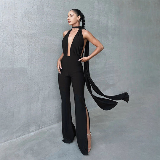 Svelte Sensation Halter Neck Backless Jumpsuit - Black