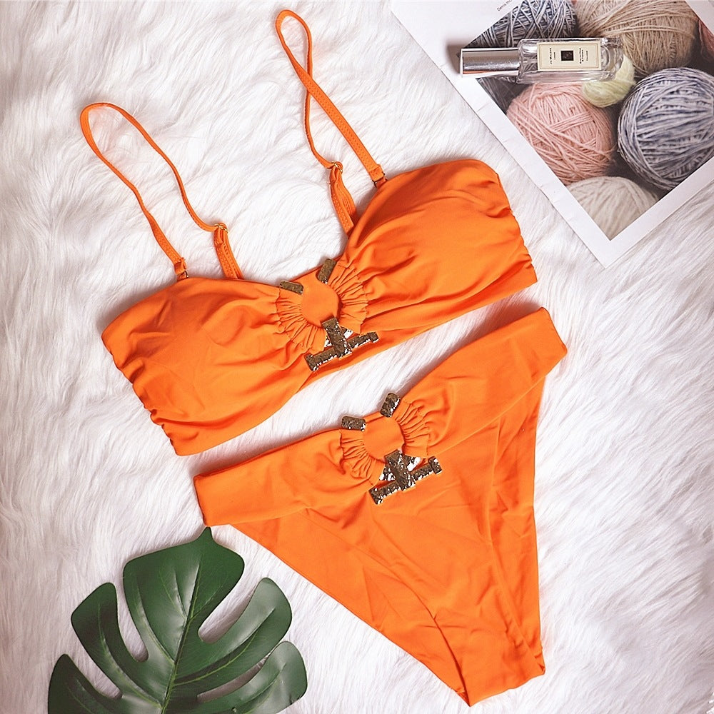 Sexy Swimsuit Metal Accessories Hollow Out Cutout Bikini Solid Color Tube-Top High Waist Women Swimwear