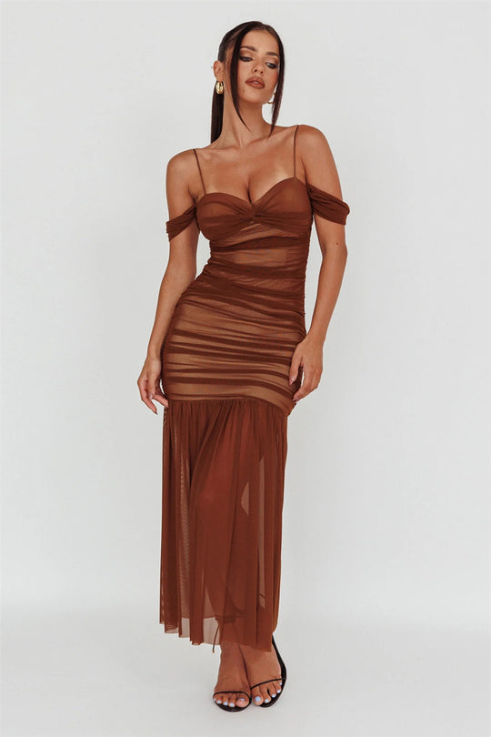 Scintilla Off-shoulder Maxi Dress - Brown