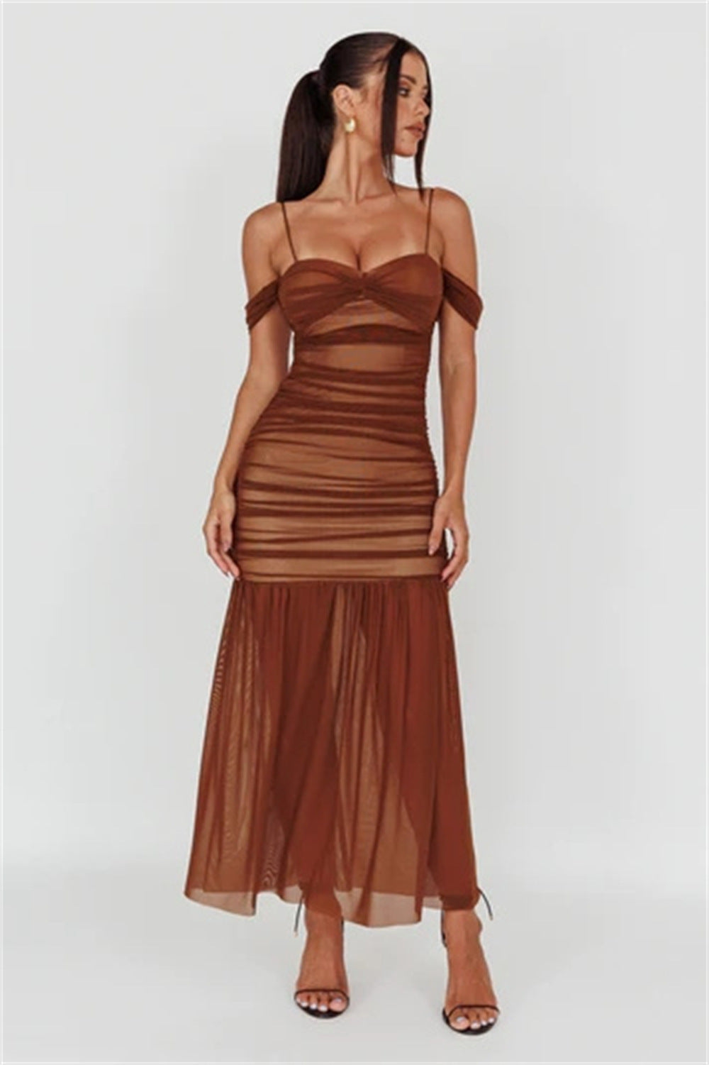 Scintilla Off-shoulder Maxi Dress - Brown