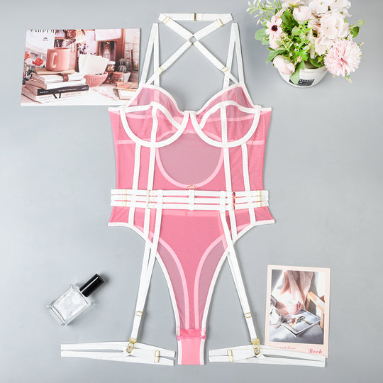 High Elastic Mesh Tight Perspective Sexy Lingerie Halter Contrast Color Jumpsuit Complex Two Piece Set