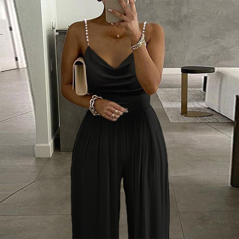 Lustrous Pearl Chain Sleeveless Loose Fit Jumpsuit - Black