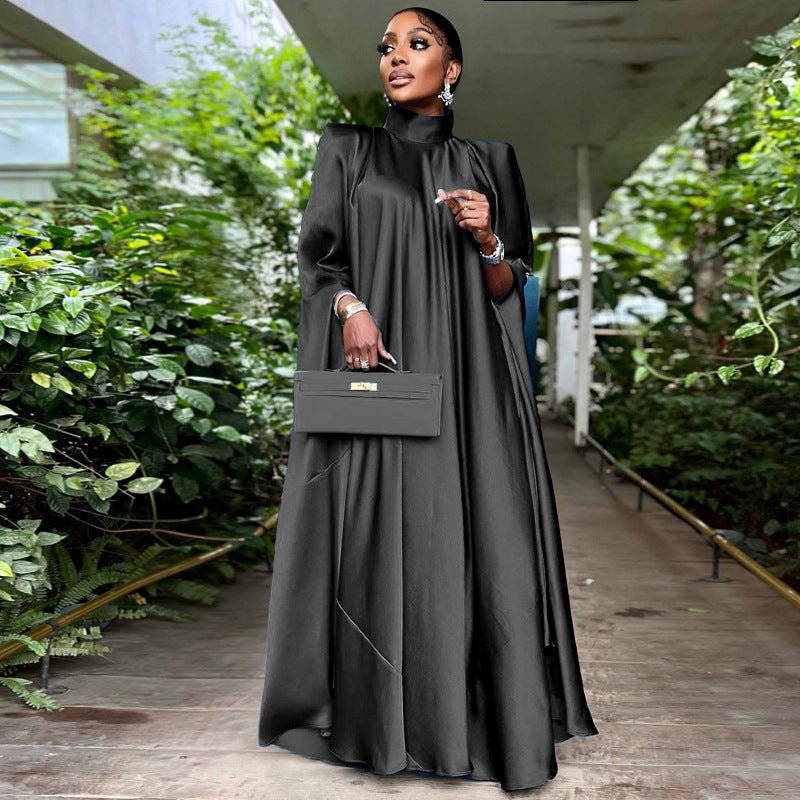 Women Wear High Collar Loose Large Swing Djellaba Satin Dress Women Clothing-Slay Eclectic