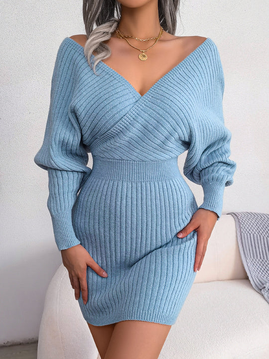 Winter Sexy Criss Cross V neck Bat Sheath Dress Woolen Women Clothing