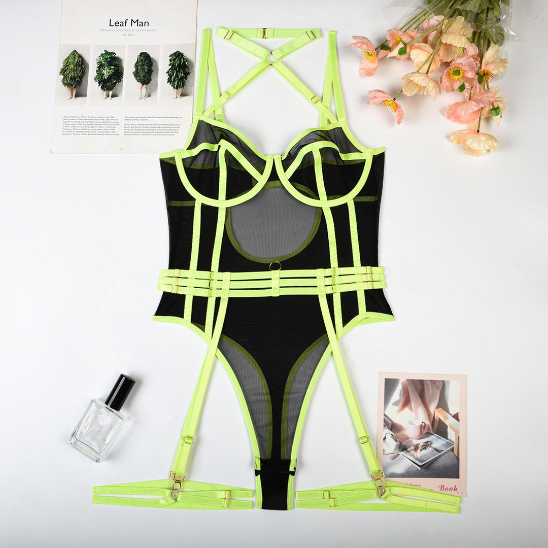 High Elastic Mesh Tight Perspective Sexy Lingerie Halter Contrast Color Jumpsuit Complex Two Piece Set