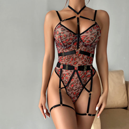 Leopard Print Sheer Mesh Strap Sexy Lingerie with Steel Ring Sexy Bodybuilding Jumpsuit