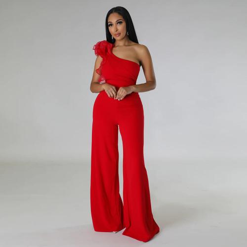 3D Fantasy One-Shoulder Lace Decoration Jumpsuit - Red