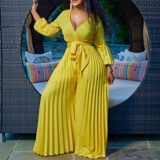 Charm Flare Pleated V-Neck Summer Jumpsuit - Yellow