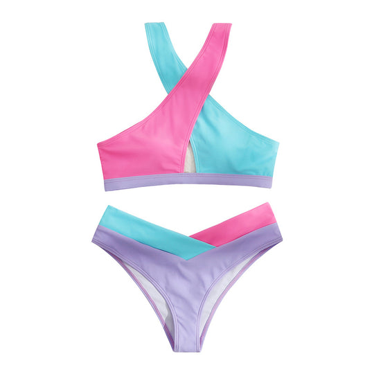 Ladies Swimsuit Split Criss Cross Color Matching Sexy Women Bikini