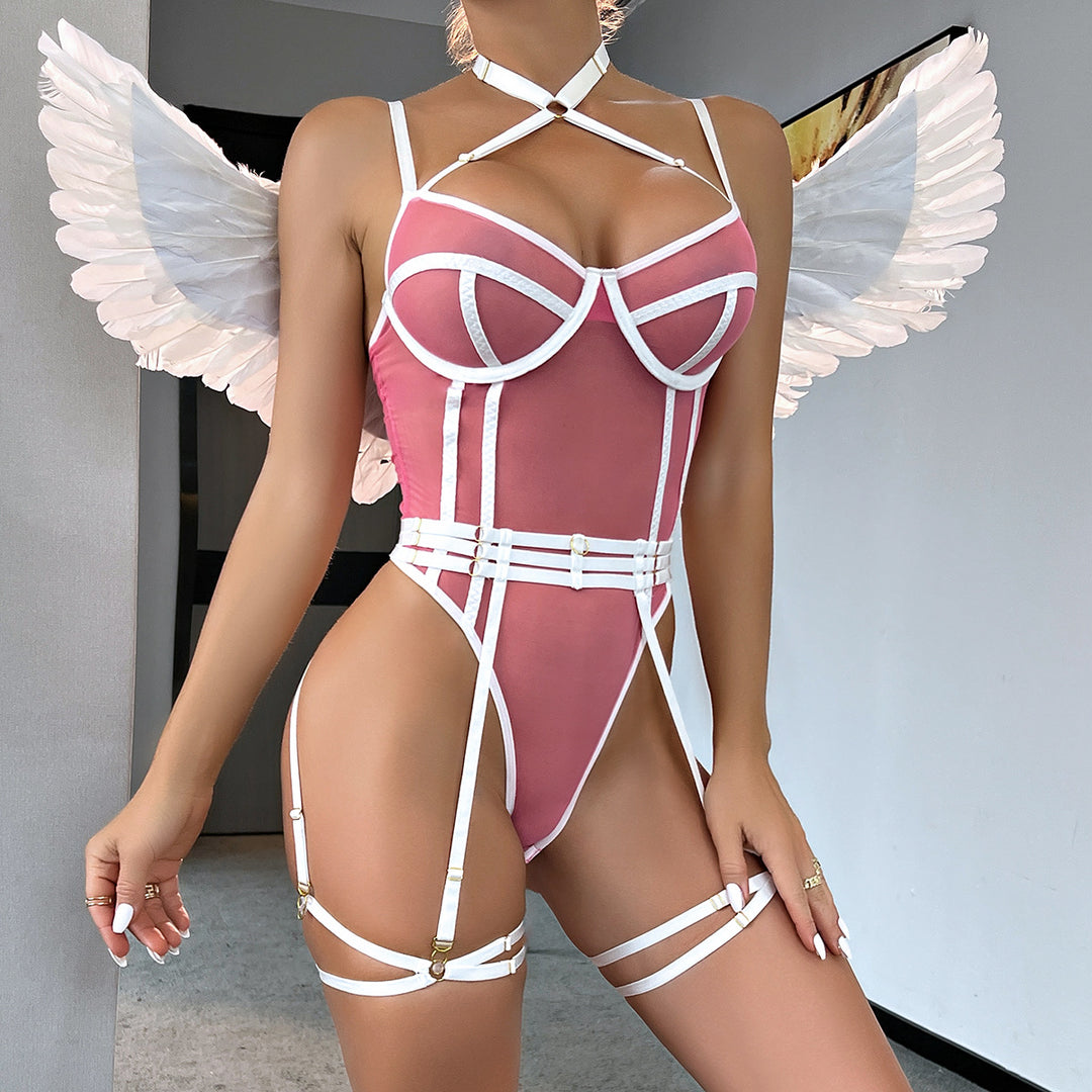 High Elastic Mesh Tight Perspective Sexy Lingerie Halter Contrast Color Jumpsuit Complex Two Piece Set