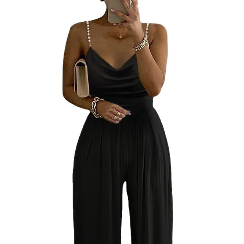 Lustrous Pearl Chain Sleeveless Loose Fit Jumpsuit - Black