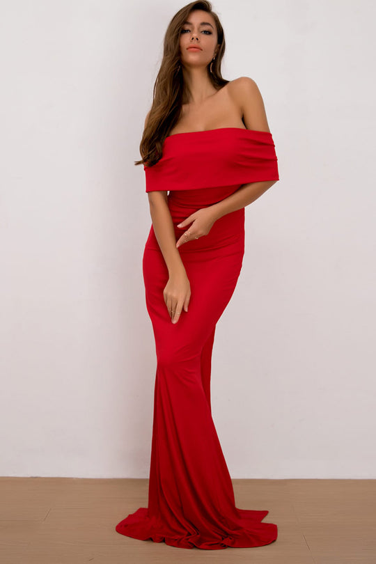 Crest Off-Shoulder Maxi Dress - Red