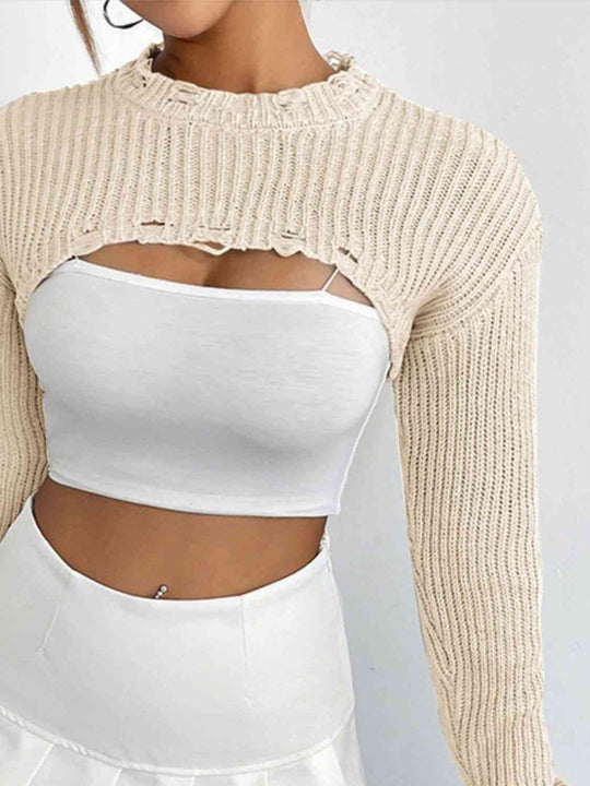 Open Front Drop Shoulder Distressed Long Sleeve Cropped Sweater