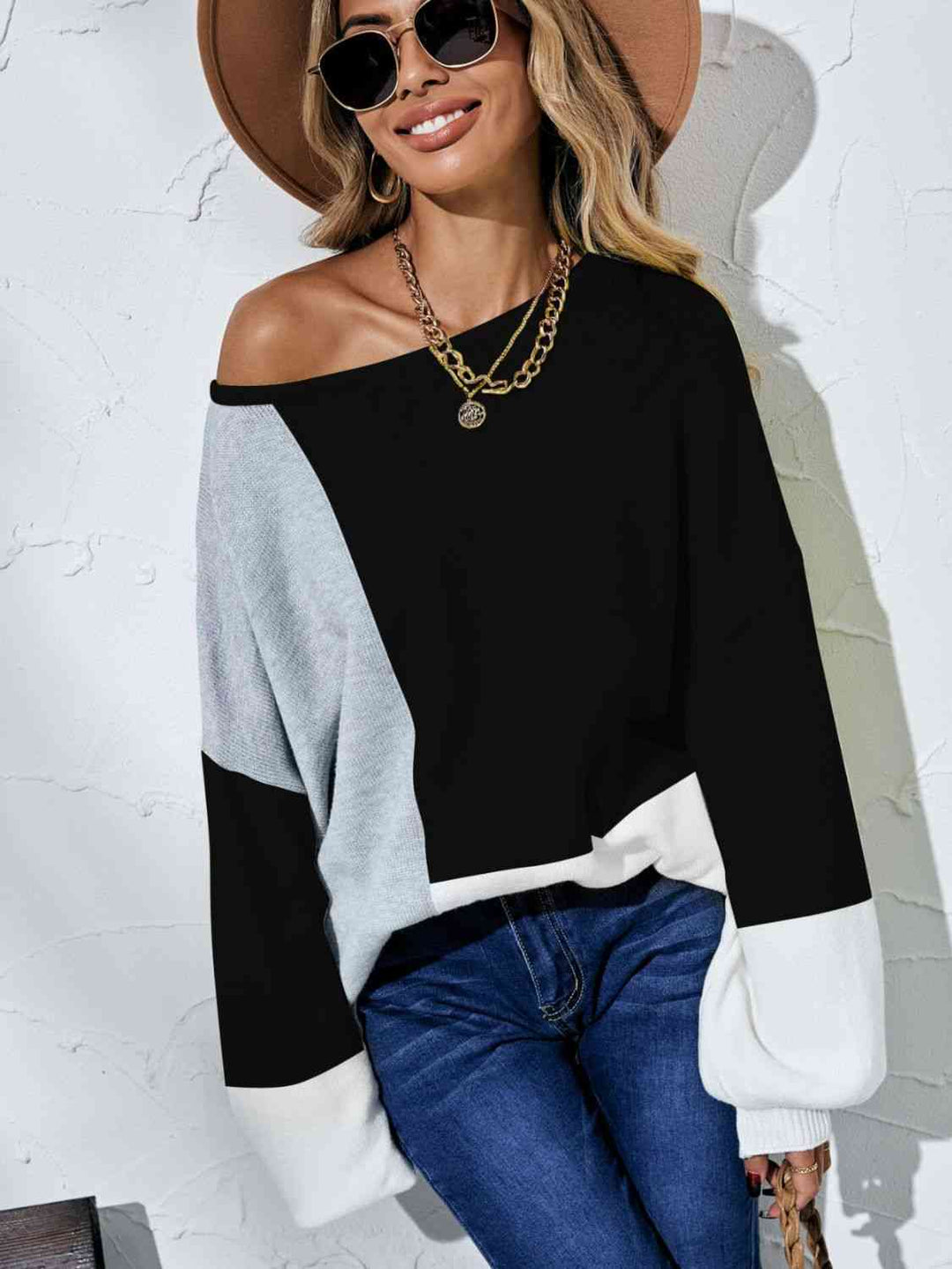 Color Block Boat Neck Balloon Sleeve Cozy Sweater