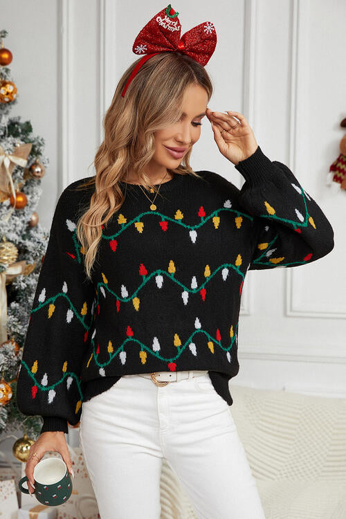 Round Neck Pattern Lantern Sleeve Sweater-Slay Eclectic