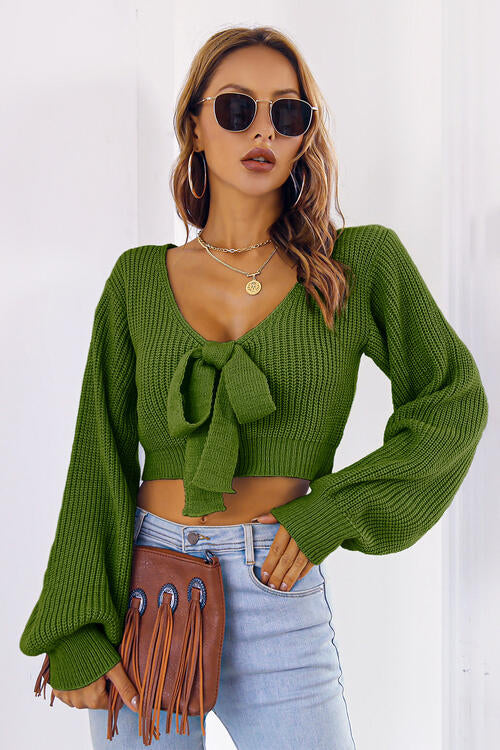 Bow V-Neck Long Sleeve Lace Up Cropped Sweater