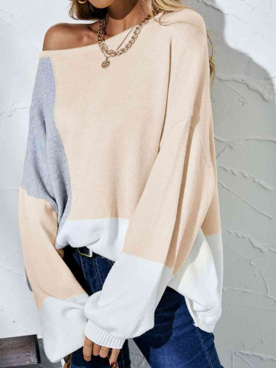 Color Block Boat Neck Balloon Sleeve Cozy Sweater