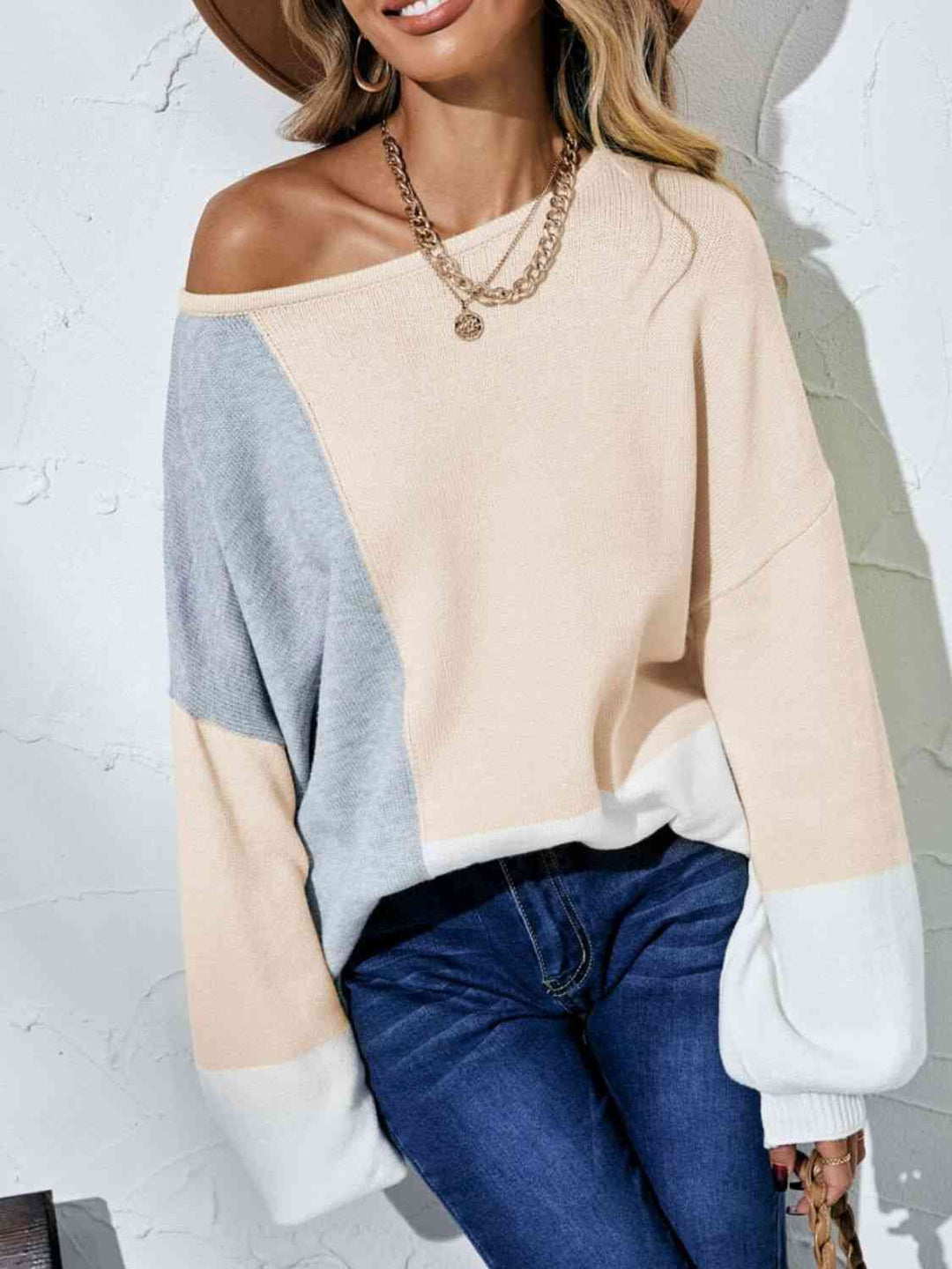 Color Block Boat Neck Balloon Sleeve Cozy Sweater