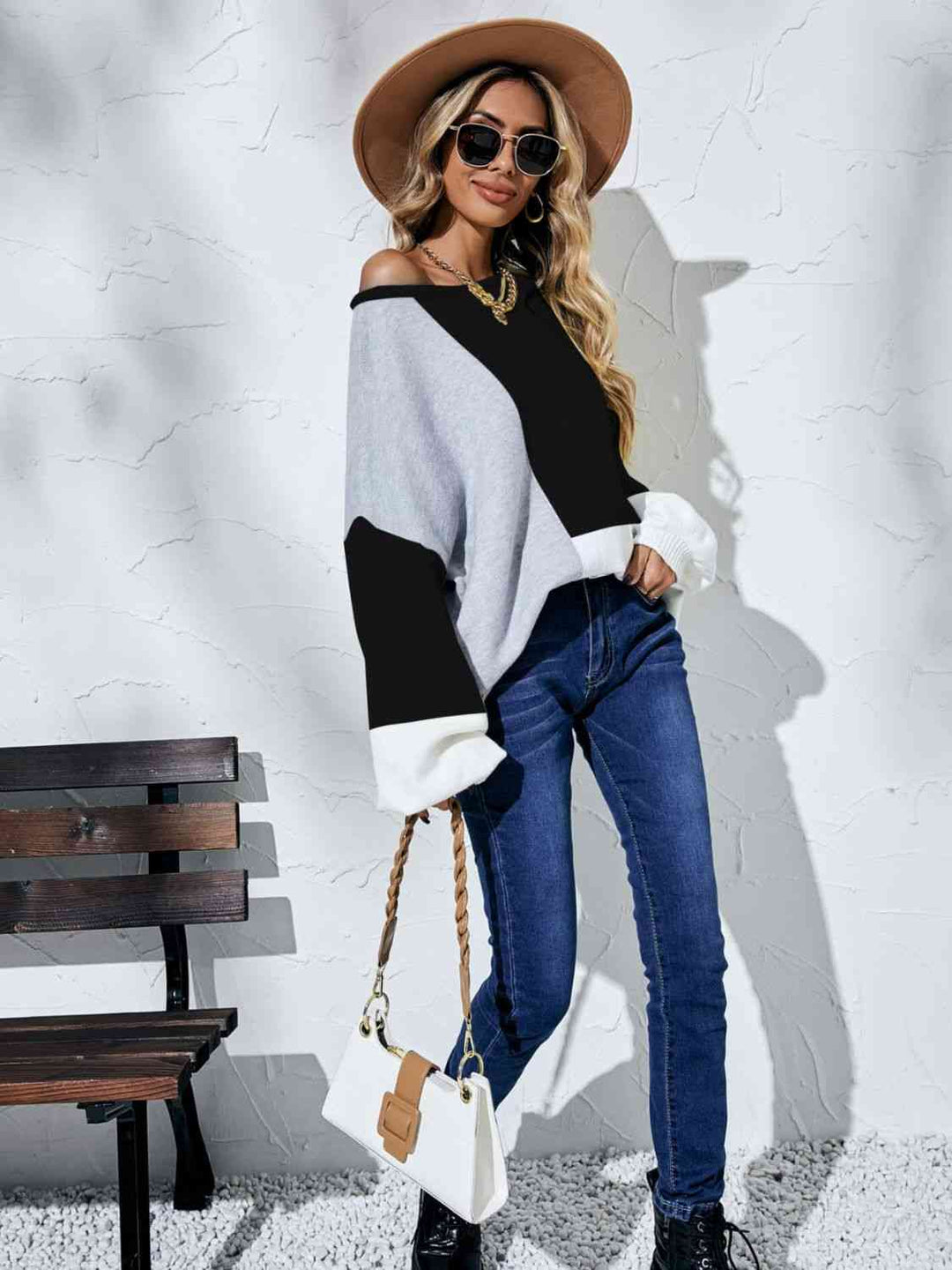 Color Block Boat Neck Balloon Sleeve Cozy Sweater