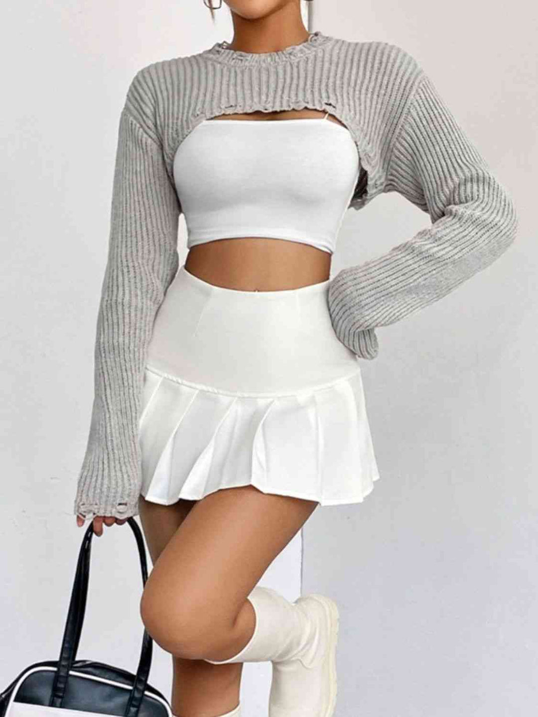 Open Front Drop Shoulder Distressed Long Sleeve Cropped Sweater