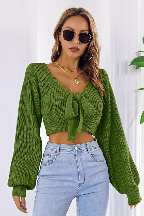 Bow V-Neck Long Sleeve Lace Up Cropped Sweater