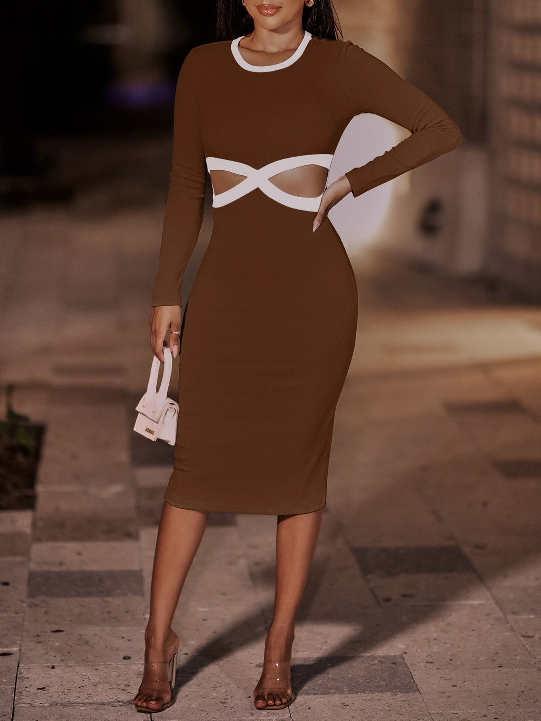 Daring Cutout Bandage Midi Dress - Brown